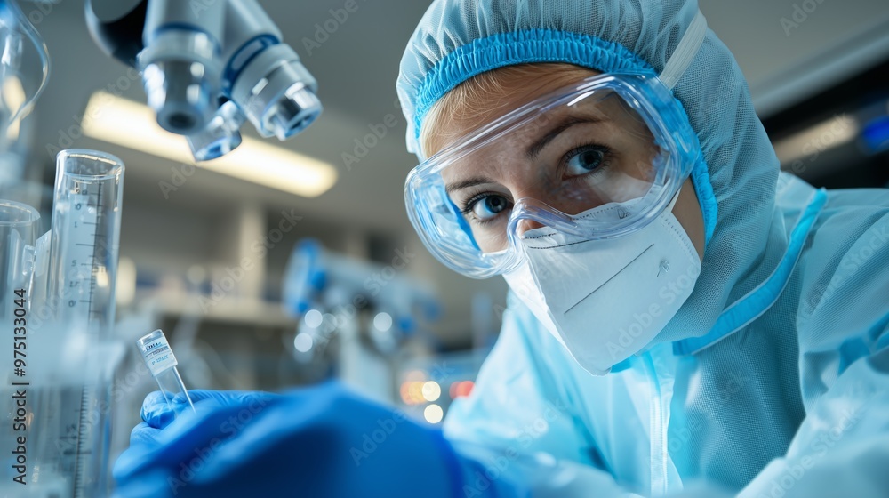 Scientist in Protective Gear Holding a Test Tube in a Laboratory Scientist in Protective Gear Holding a Test Tube in a Laboratory