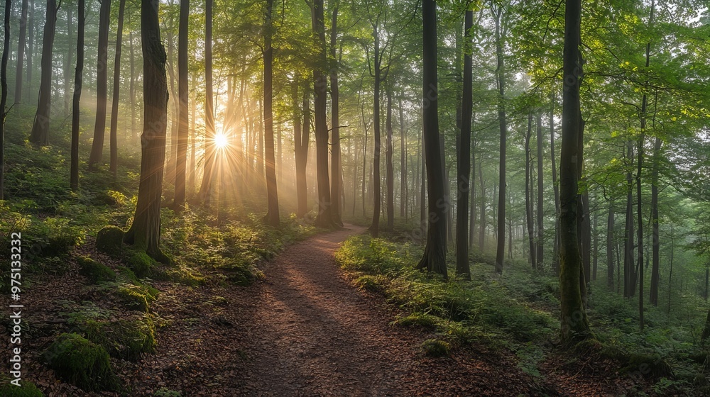 Walking path in Ziegeroda Forest, Saxony-Anhalt, Germany, Europe, as the sun rises through the morning mist. Green beech forest in its natural state Walking path in Ziegeroda Forest, Saxony-Anhalt, Germany, Europe, as the sun rises through the morning mist. Green beech forest in its natural state