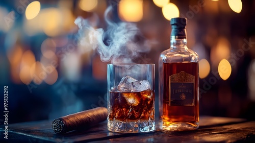 A bottle and a glass of whiskey with ice and a steaming Cuban cigar