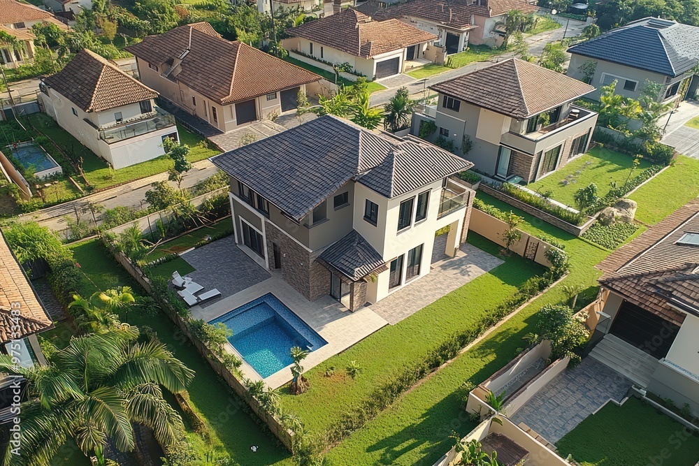 Aerial View of a Modern House with a Swimming Pool and Lush Greenery Aerial View of a Modern House with a Swimming Pool and Lush Greenery