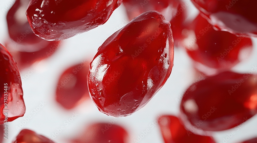 A close-up of a red substance with droplets of water on its surface A close-up of a red substance with droplets of water on its surface