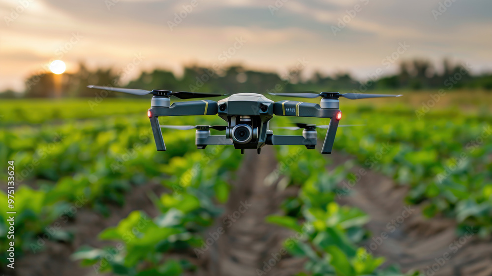 A high-tech drone flies over a lush green crop field at sunset, showcasing modern agriculture and precision farming technology. A high-tech drone flies over a lush green crop field at sunset, showcasing modern agriculture and precision farming technology.
