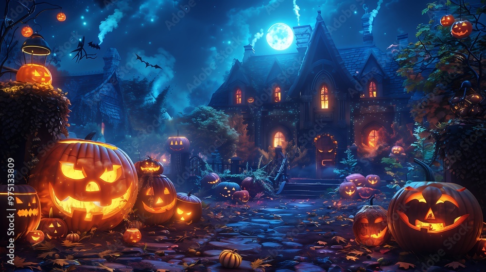Naklejka premium Spooky Halloween scene with a haunted house, pumpkins, bats, and a full moon