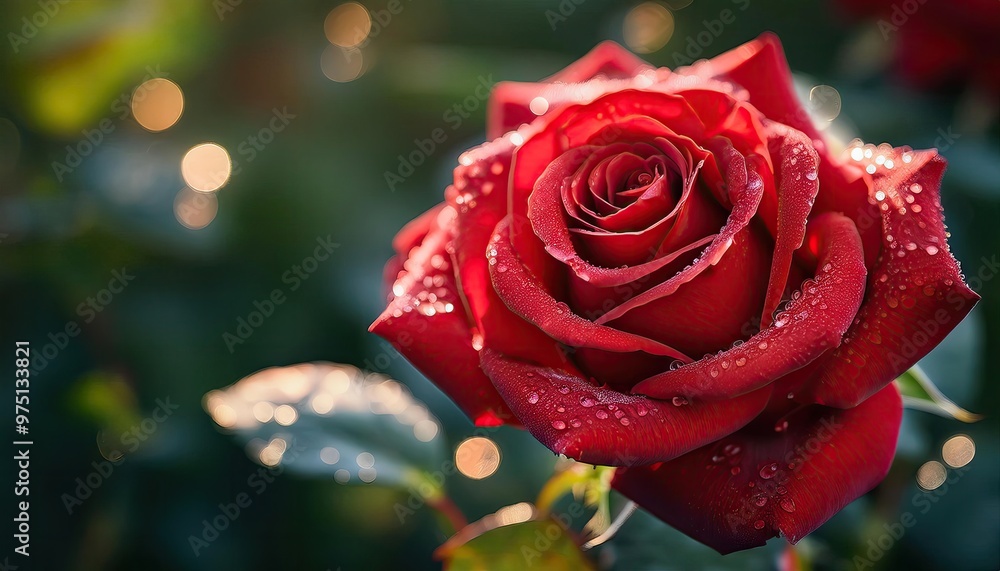 A single red rose with dew drops A single red rose with dew drops