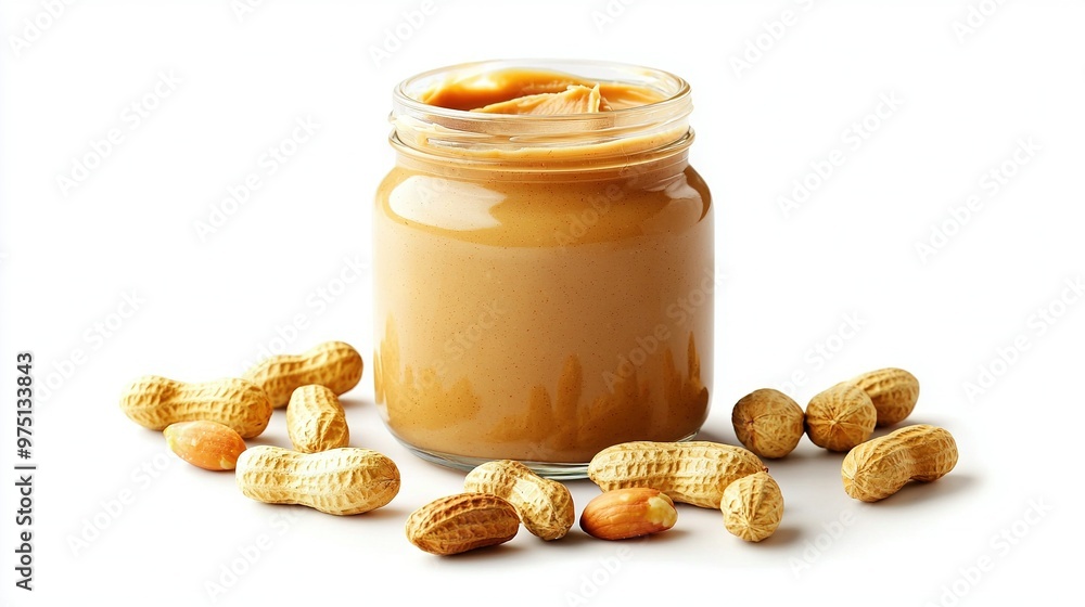 Glass jar with peanut butter & peanuts on white background, few peanuts scattered Glass jar with peanut butter & peanuts on white background, few peanuts scattered