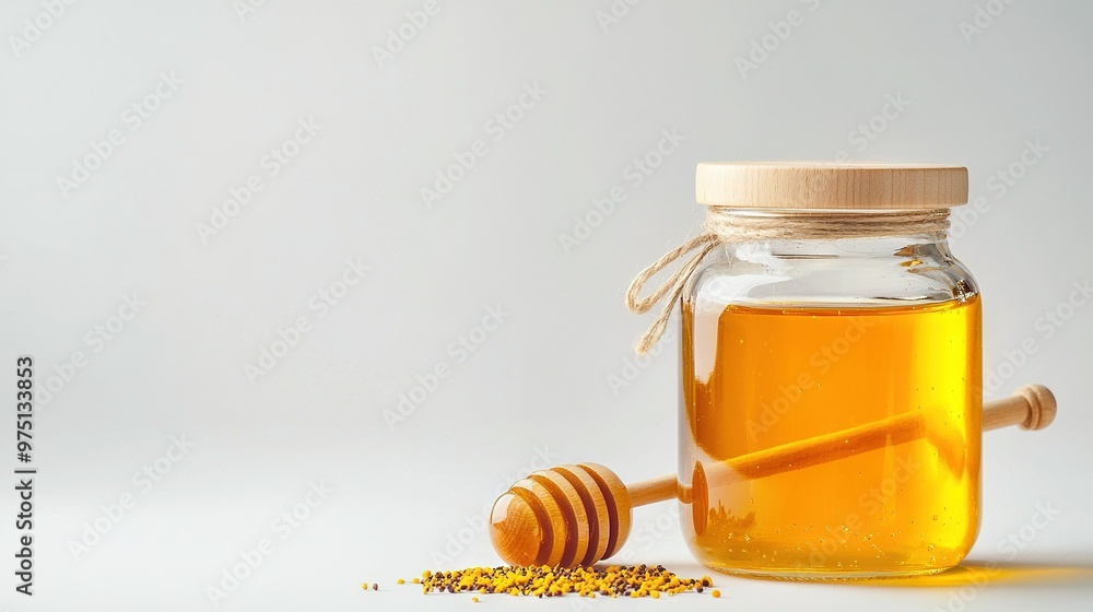 A jar of honey with a wooden honey dipper beside it and another honey dipper nearby A jar of honey with a wooden honey dipper beside it and another honey dipper nearby