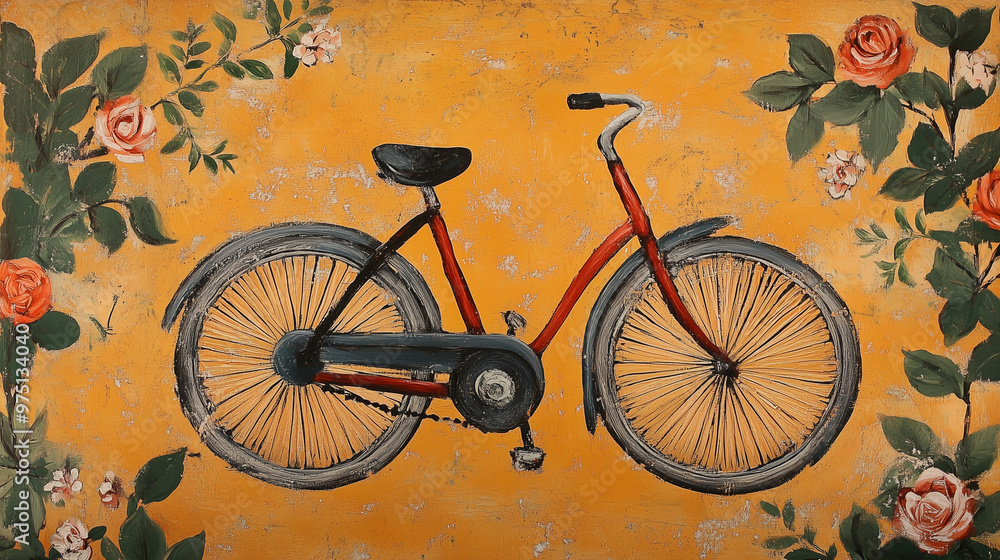 Fototapeta premium Oil Painting of a Red Bicycle with Floral Backdrop on Aged Wall. Shabby Chic Artistry.