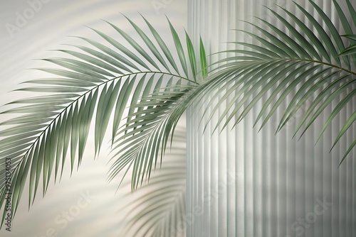 Green palm with reeded glass. Minimal magazine concept on wood banner. Plant leaves. Ribbed Background. Pure abstract design on empty background for clean modern look. White Reeded Glass.