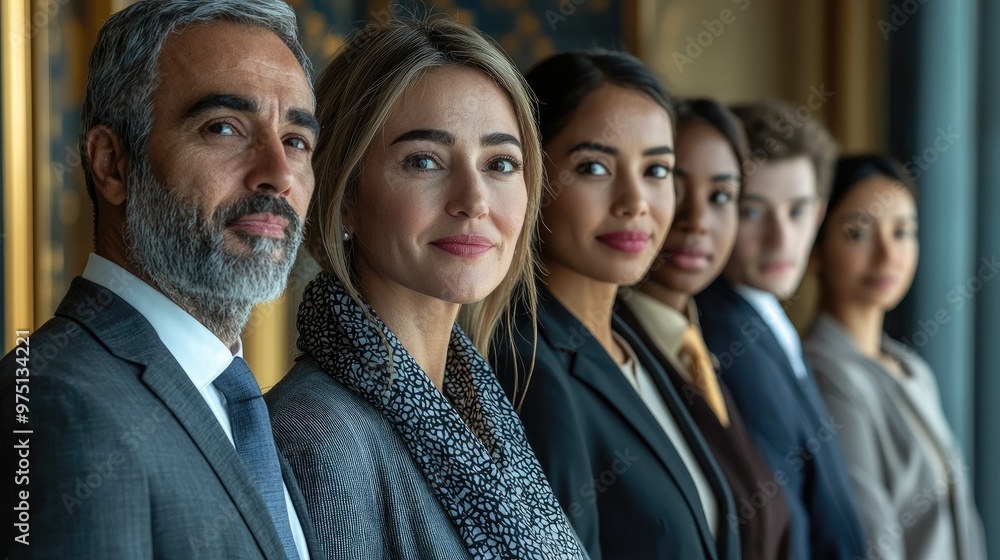Diverse Group of Business Professionals Standing in a Row in Modern Office Setting Diverse Group of Business Professionals Standing in a Row in Modern Office Setting