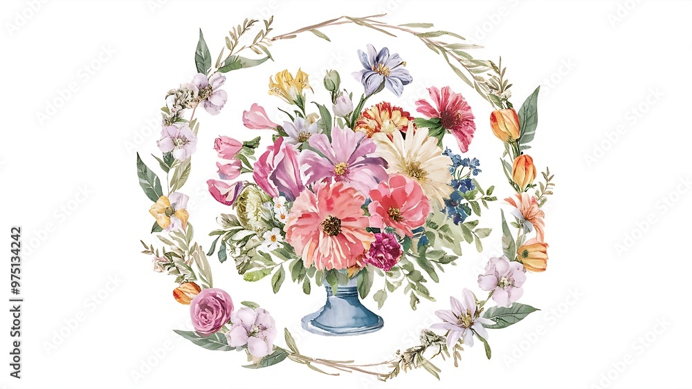 Obraz premium Hand drawn watercolor bouquet with place for your text. Design for card, invitation. Floral arrangement with circle frame. Wreath with flowers