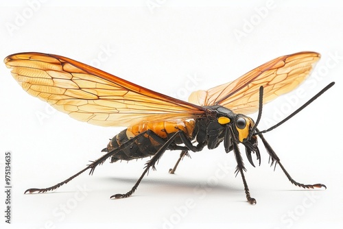 remarkable tarantula hawk wasp, known for its striking coloration and impressive wings, stands motionless, showcasing its long body and formidable stinger on a crisp white surface. photo