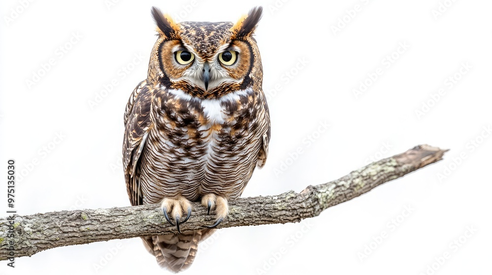Close-Up of a Great Horned Owl Perched on a Branch Against a White Background Close-Up of a Great Horned Owl Perched on a Branch Against a White Background