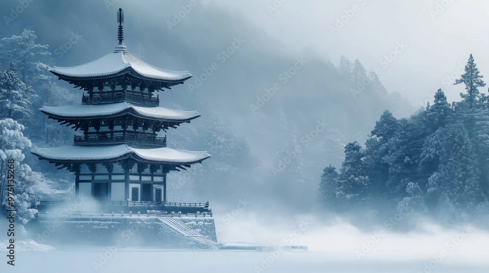 A Snow-Covered Pagoda in a Misty Forest Landscape A Snow-Covered Pagoda in a Misty Forest Landscape