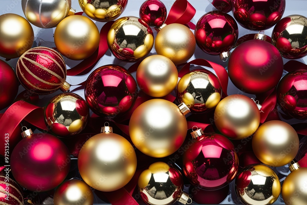 Vibrant Ruby and Gold Christmas Baubles and Ribbons on Clear Background Vibrant Ruby and Gold Christmas Baubles and Ribbons on Clear Background