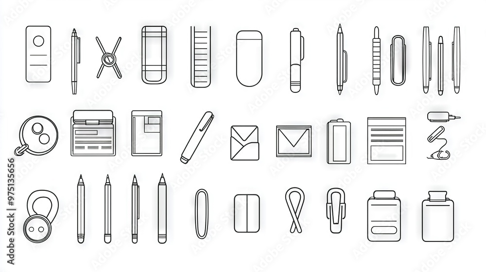 A monochrome illustration featuring distinct pen, pencil, paper clip, and paper clip designs A monochrome illustration featuring distinct pen, pencil, paper clip, and paper clip designs