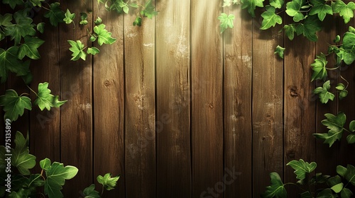 Wooden Background with Ivy and Sunlight – Nature-Inspired Backdrop