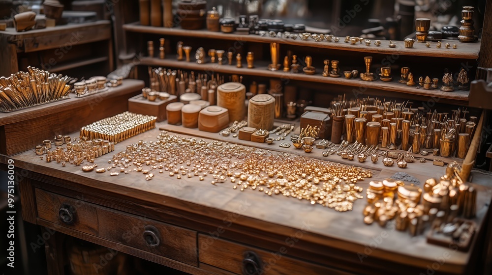 A detailed view of a jewelry workshop. The workplace is filled with various tools and materials, demonstrating the complex process of creating jewelry. A detailed view of a jewelry workshop. The workplace is filled with various tools and materials, demonstrating the complex process of creating jewelry.