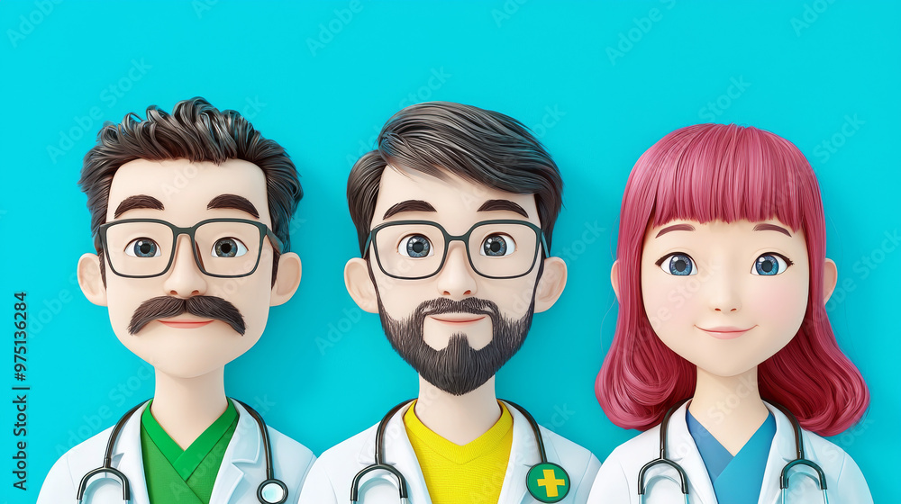 Three cartoon doctors, a man with a mustache, a man with a beard, and a woman with pink hair, stand side by side in front of a blue background. Three cartoon doctors, a man with a mustache, a man with a beard, and a woman with pink hair, stand side by side in front of a blue background.