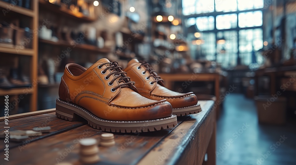 A close-up view of elegant brown leather shoes displayed on a wooden table, with an array of handcrafted footwear blurred in the background, showcasing the interior of a shoemaker’s workshop. A close-up view of elegant brown leather shoes displayed on a wooden table, with an array of handcrafted footwear blurred in the background, showcasing the interior of a shoemaker’s workshop.