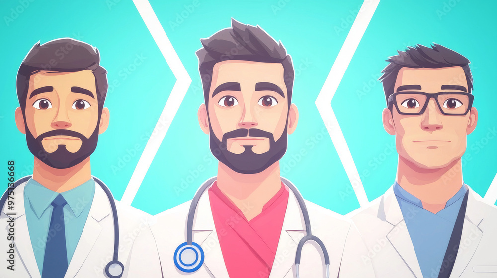 Three male doctors in white coats stand side by side. Three male doctors in white coats stand side by side.
