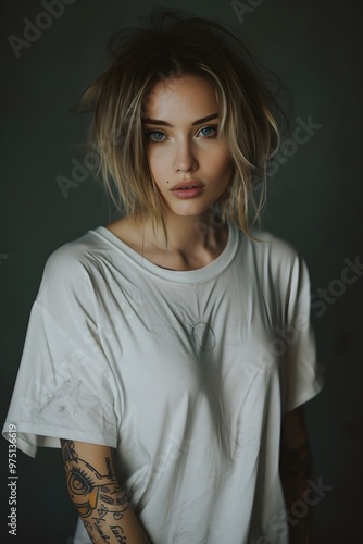 A beautiful girl with tattoos stands in front of an oversize white t-shirt mockup with a light concrete backdrop