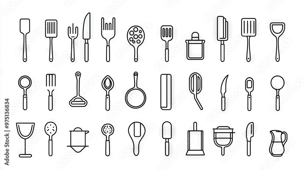A line of kitchen utensils, including knives, spoons, spatulas, and whisks, are illustrated on a white backdrop A line of kitchen utensils, including knives, spoons, spatulas, and whisks, are illustrated on a white backdrop