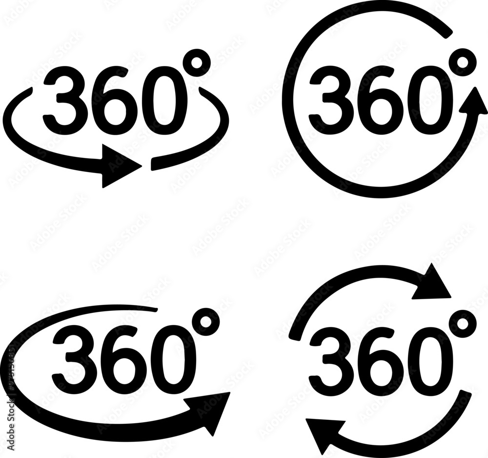 Icon set of rotate turn around 360 degree. Rotating turning one tour. Thin line icons flat vector illustrations isolated on white transparent background Icon set of rotate turn around 360 degree. Rotating turning one tour. Thin line icons flat vector illustrations isolated on white transparent background