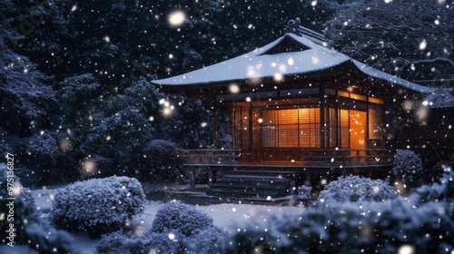 Illuminated Japanese Pavilion in a Snowy Winter Night