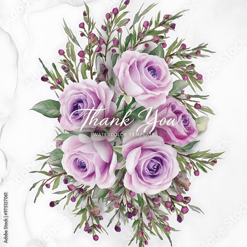 Card tempate with watercolor pink, purple roses and elderberry branches, hand painted on a white background, thank you card design, decoration postcard, wedding invitation