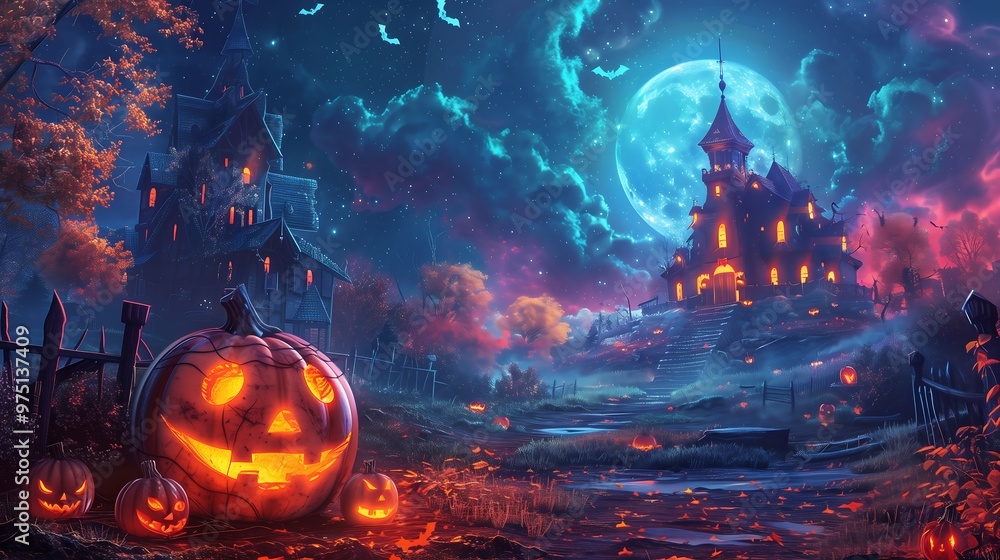 Spooky Halloween night landscape with glowing pumpkins and a haunted house in the distance Spooky Halloween night landscape with glowing pumpkins and a haunted house in the distance