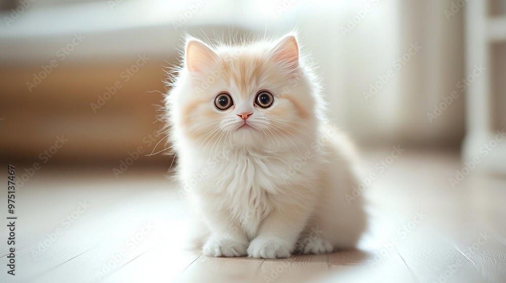 A small white kitten sits on a hardwood floor, eyes fixed on the camera with curiosity A small white kitten sits on a hardwood floor, eyes fixed on the camera with curiosity