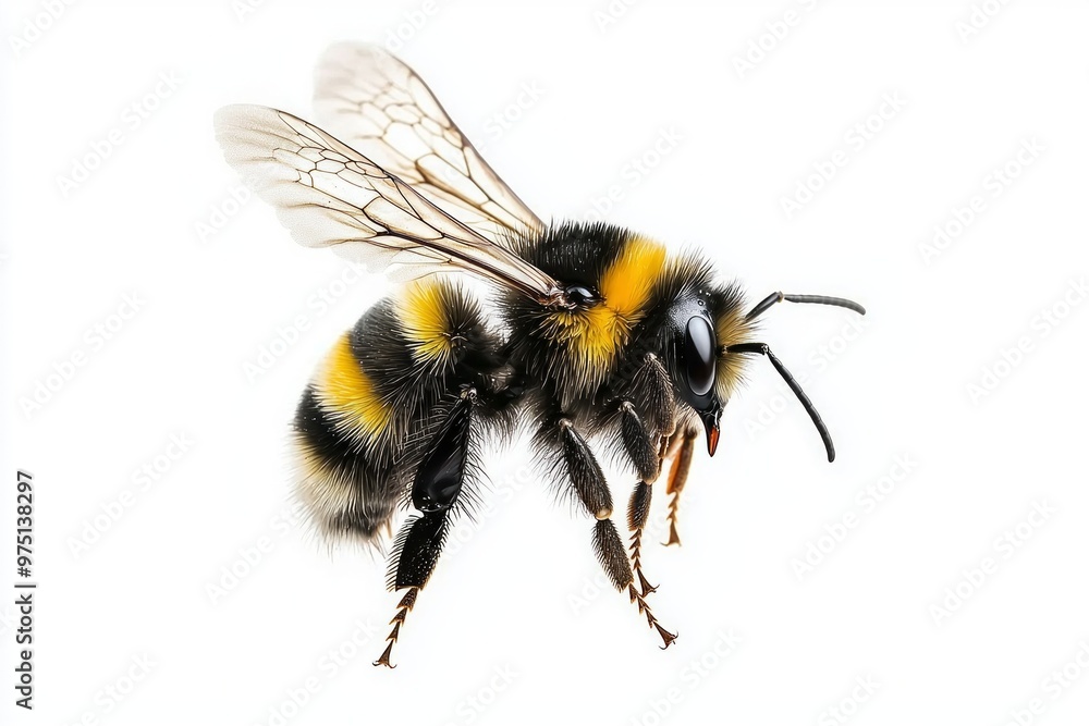 A bumblebee hovers in mid-air, its fuzzy body and translucent wings contrasting beautifully against a white background, embodying the essence of nature's pollinators. A bumblebee hovers in mid-air, its fuzzy body and translucent wings contrasting beautifully against a white background, embodying the essence of nature's pollinators.