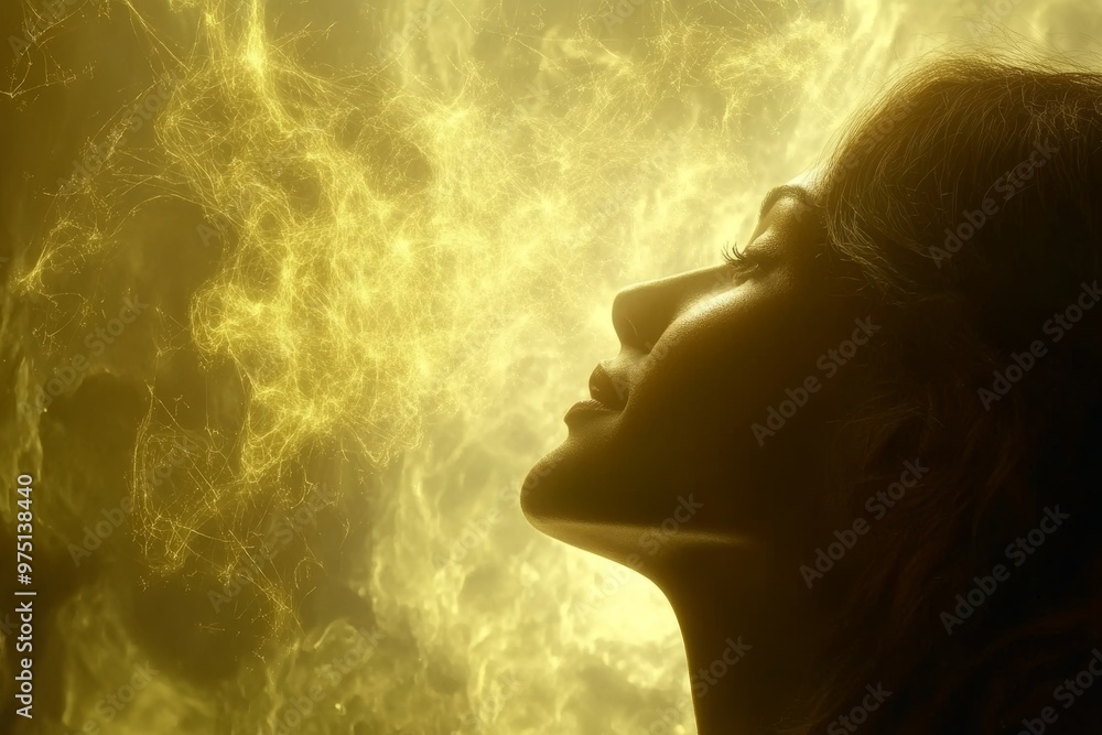 Person in a bright yellow glow with a brain shape forming in the air symbolizing inspiration creative thinking and the transformation of ideas into reality Person in a bright yellow glow with a brain shape forming in the air symbolizing inspiration creative thinking and the transformation of ideas into reality