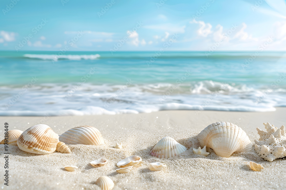 Serene beach background with sandy shore, seashells, and gentle waves creating a tranquil coastal landscape Serene beach background with sandy shore, seashells, and gentle waves creating a tranquil coastal landscape