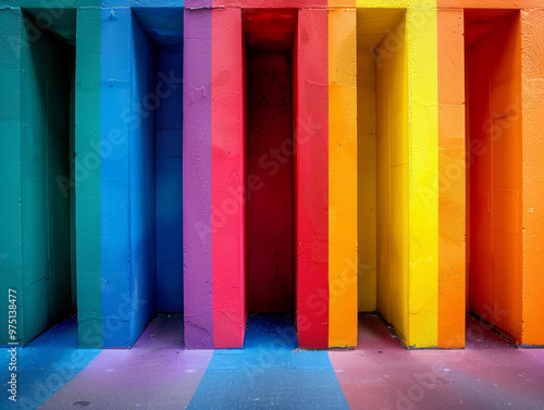 A colorful building with a rainbow of colors photo