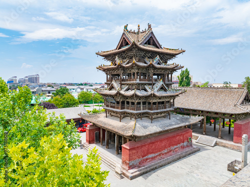 Aerial photography of Feiyun Tower in Wanrong County, Yuncheng City, Shanxi Province in summer