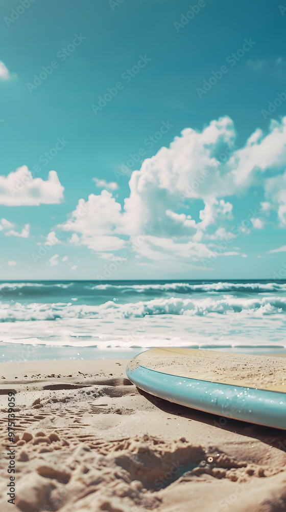 Close-up beach scene with a surfboard on the sand, soft waves, and a sunny sky creating a calm and vibrant atmosphere Close-up beach scene with a surfboard on the sand, soft waves, and a sunny sky creating a calm and vibrant atmosphere