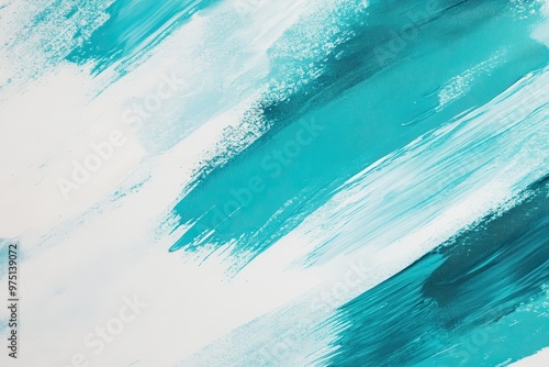 Abstract Teal and White Paint Strokes on Canvas