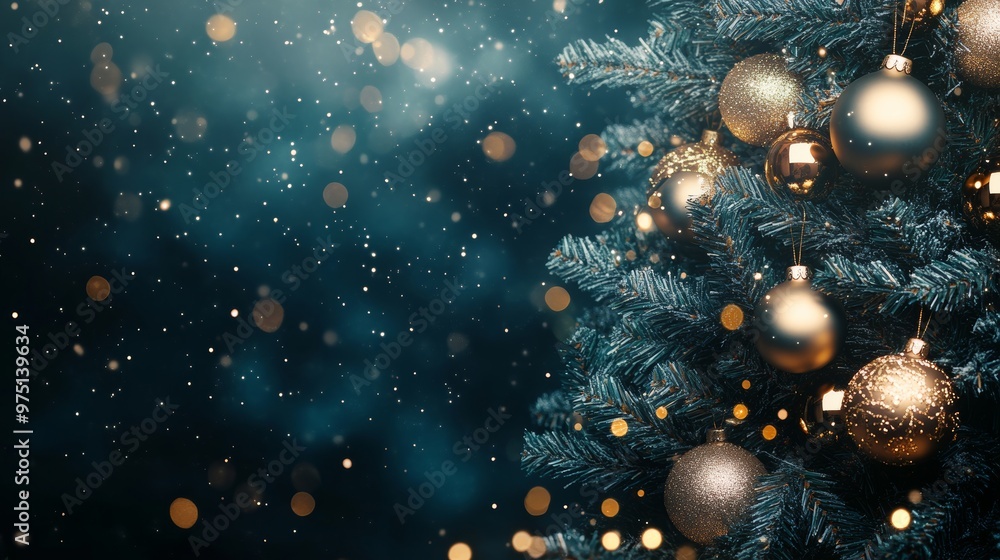 Festive christmas tree with golden ornaments on a dark blue background for joyous celebrations Festive christmas tree with golden ornaments on a dark blue background for joyous celebrations