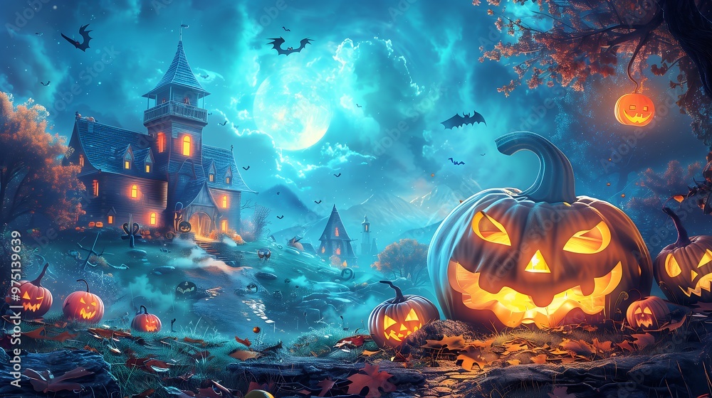 Spooky Halloween night background with haunted house, jack o lantern pumpkins, bats and full moon