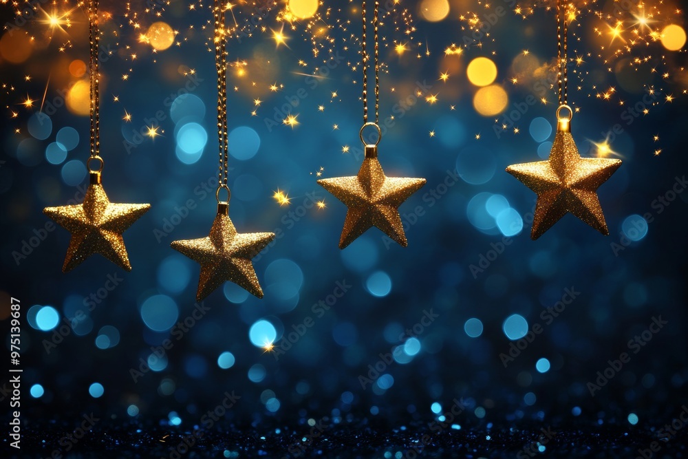 Enchanting dark blue background with golden stars and bokeh lights for holiday celebrations Enchanting dark blue background with golden stars and bokeh lights for holiday celebrations
