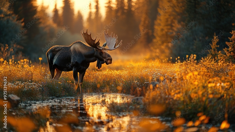 Moose standing in a serene, sunlit landscape with wildflowers. Moose standing in a serene, sunlit landscape with wildflowers.