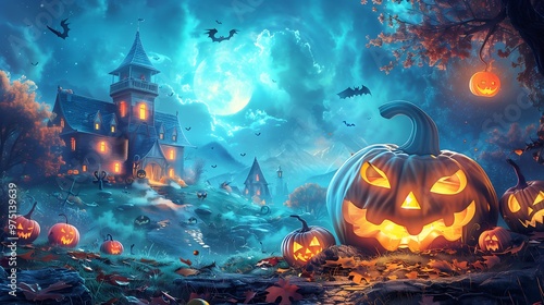 Spooky Halloween night background with haunted house, jack o lantern pumpkins, bats and full moon