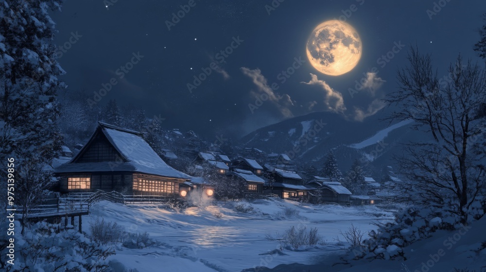 A Snowy Village Illuminated by a Full Moon at Night A Snowy Village Illuminated by a Full Moon at Night