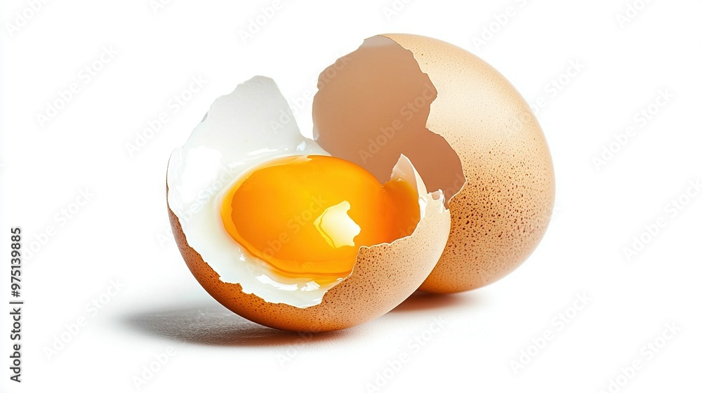 A cracked egg with an egg yolk inside on a white background, with a shadow of a man behind it A cracked egg with an egg yolk inside on a white background, with a shadow of a man behind it