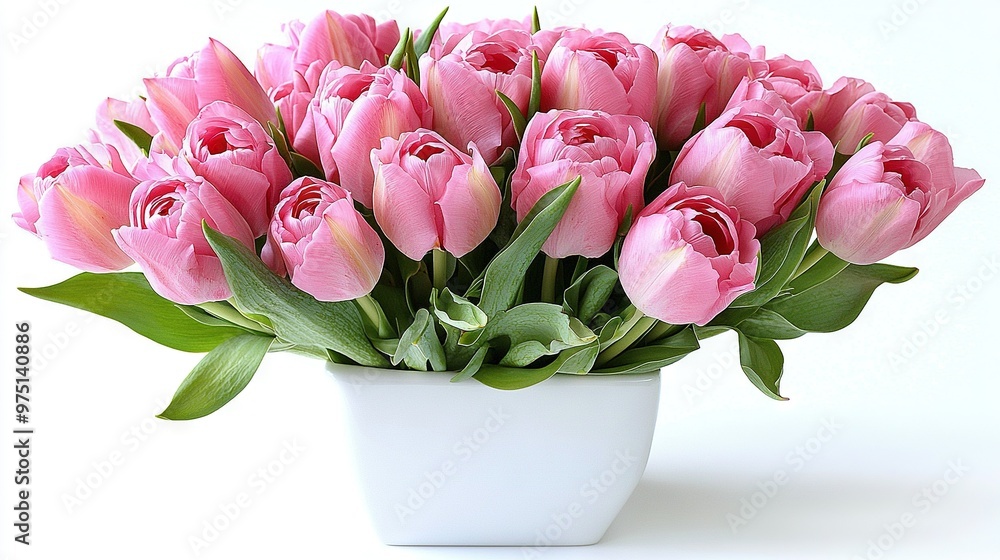 Fototapeta premium A white vase holds a pink tulip bouquet against a green stem and white backdrop