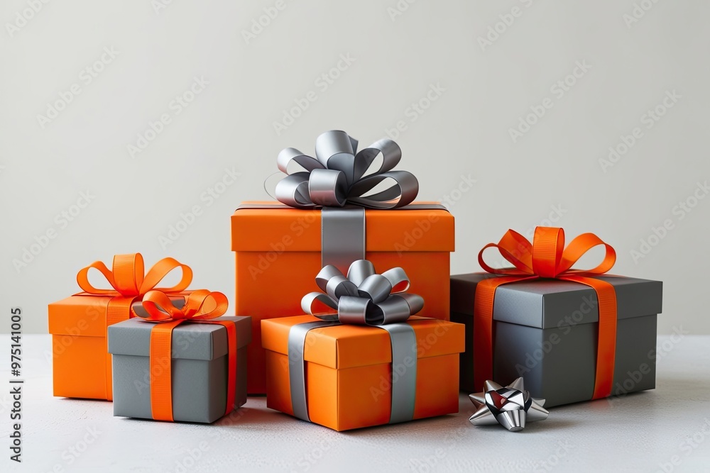Obraz premium Charming Orange and Gray Gift Packages with Ribbon Bow on Clean Background