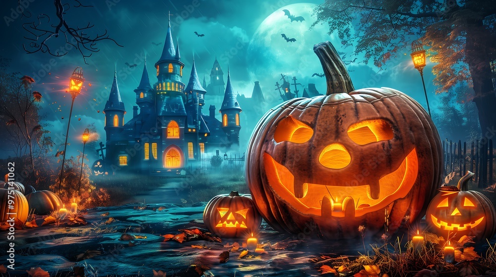 Naklejka premium Spooky Halloween pumpkins in front of haunted castle. Scary Halloween scene with jack o' lantern, moon, and bats