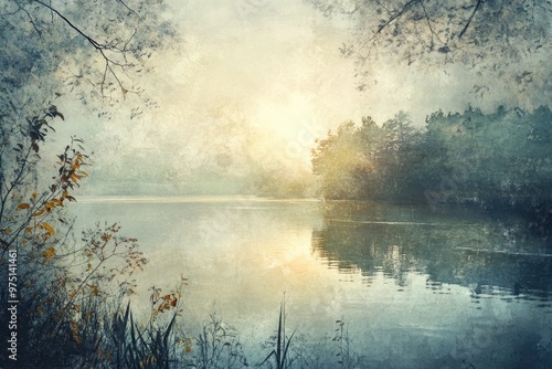 A Tranquil Misty Morning Landscape with a Still Lake and Sunlight Filtering Through Trees