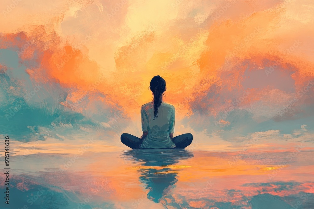 A Woman Meditating in a Sunset Landscape A Woman Meditating in a Sunset Landscape